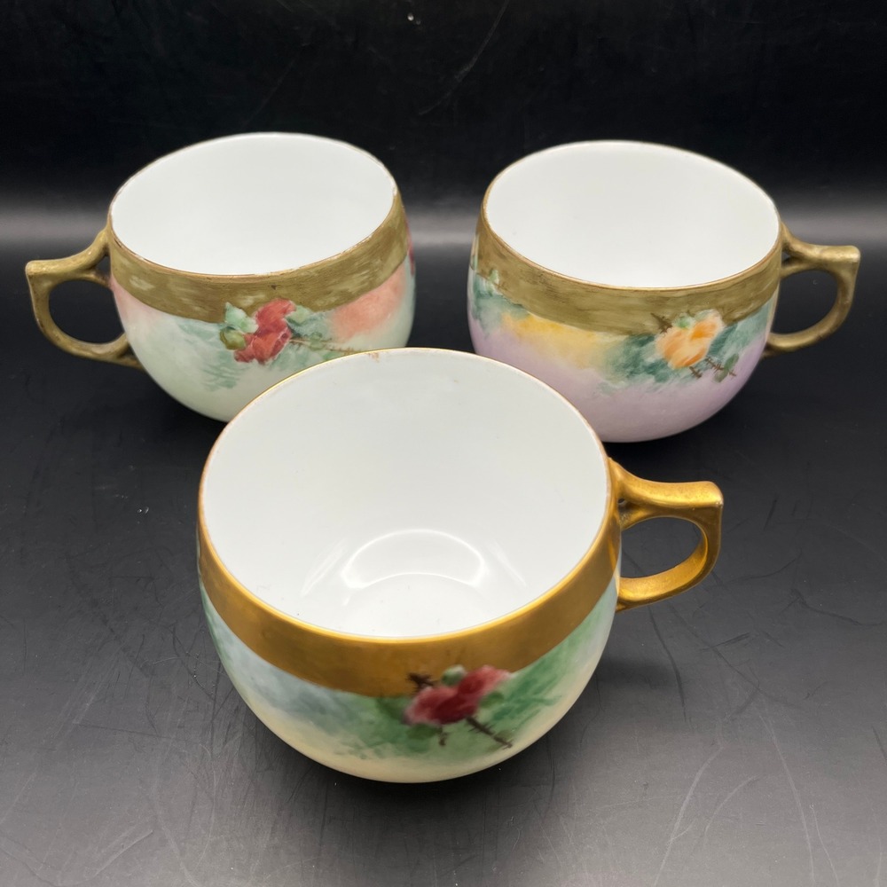 Set of 3 Antique‎ Limoges France Hand Painted Porcelain Teacups Floral Gold Trim